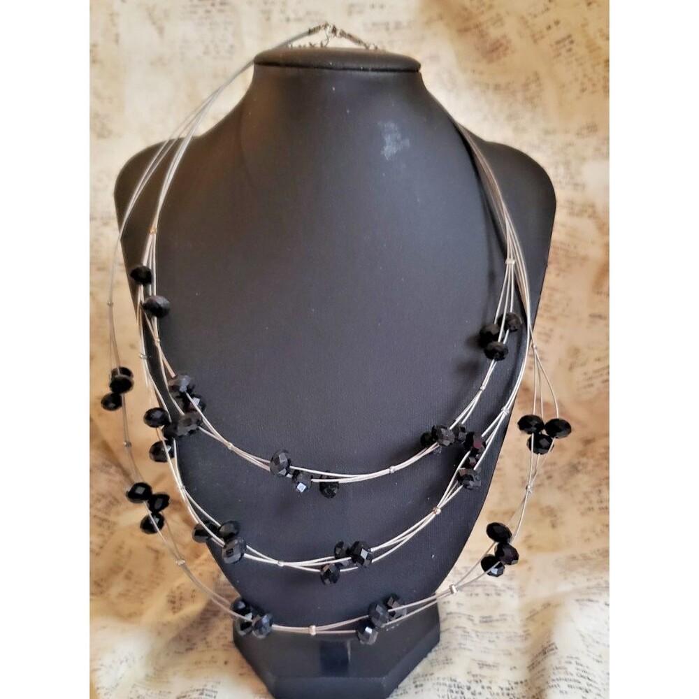 Multi-faceted Black Beads on Silver Tone Illusion Necklace - Homecoming, Formal